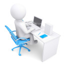3d white man working at a laptop. On the table in a white box. Isolated render on a white background