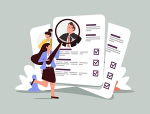 Employer hiring and recruiting with job CV documents screening. Human resources professional, headhunter searching for applicants, employees. Flat vector illustration isolated on white background