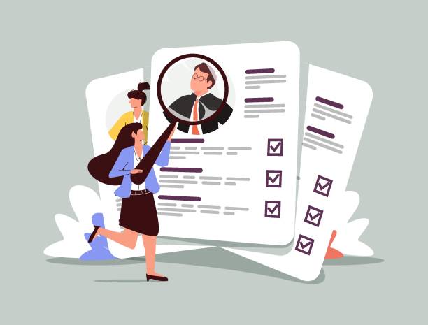 Employer hiring and recruiting with job CV documents screening. Human resources professional, headhunter searching for applicants, employees. Flat vector illustration isolated on white background